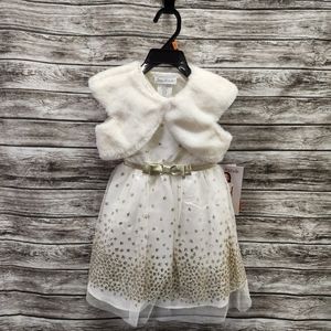 Jona Michelle ivory and gold dress with fur jacket